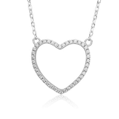 Sterling Silver Necklace Pendant for Girls Large Open Heart with Simulated Diamonds 17.5"