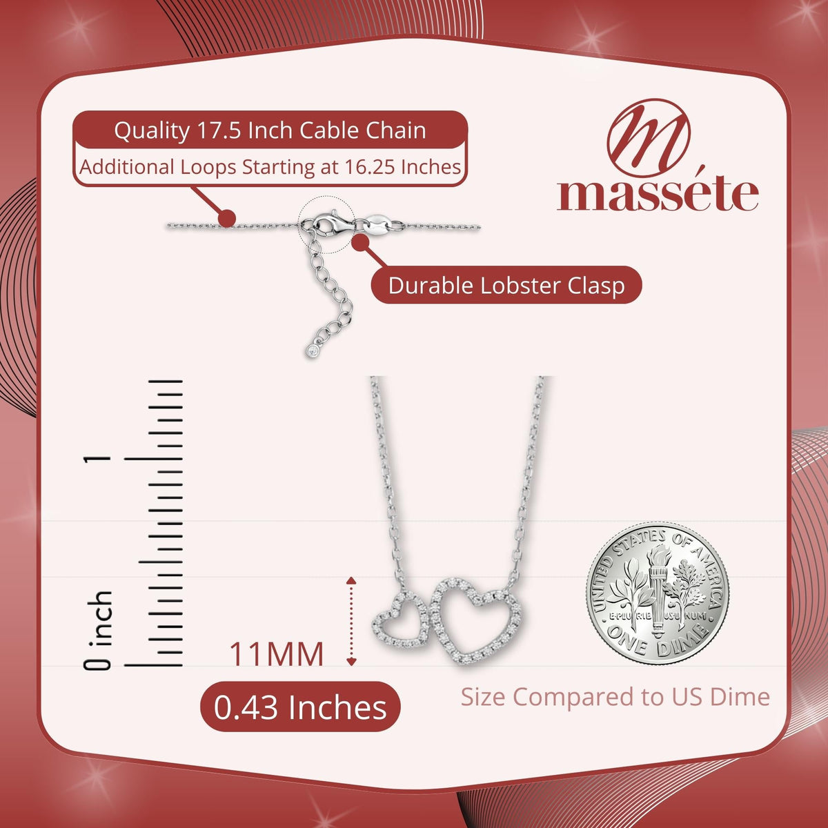 Sterling Silver Necklace Pendant for Girls Double Heart with Simulated Diamonds 17.5"