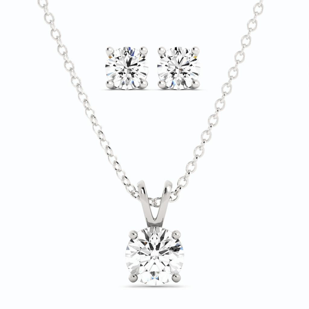 Moissanite Stud Earrings & Pendant Necklace Set in 14K White Gold Overlay