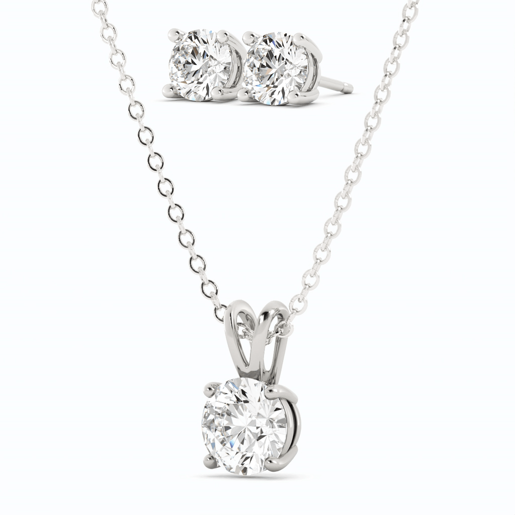 Moissanite Stud Earrings & Pendant Necklace Set in 14K White Gold Overlay