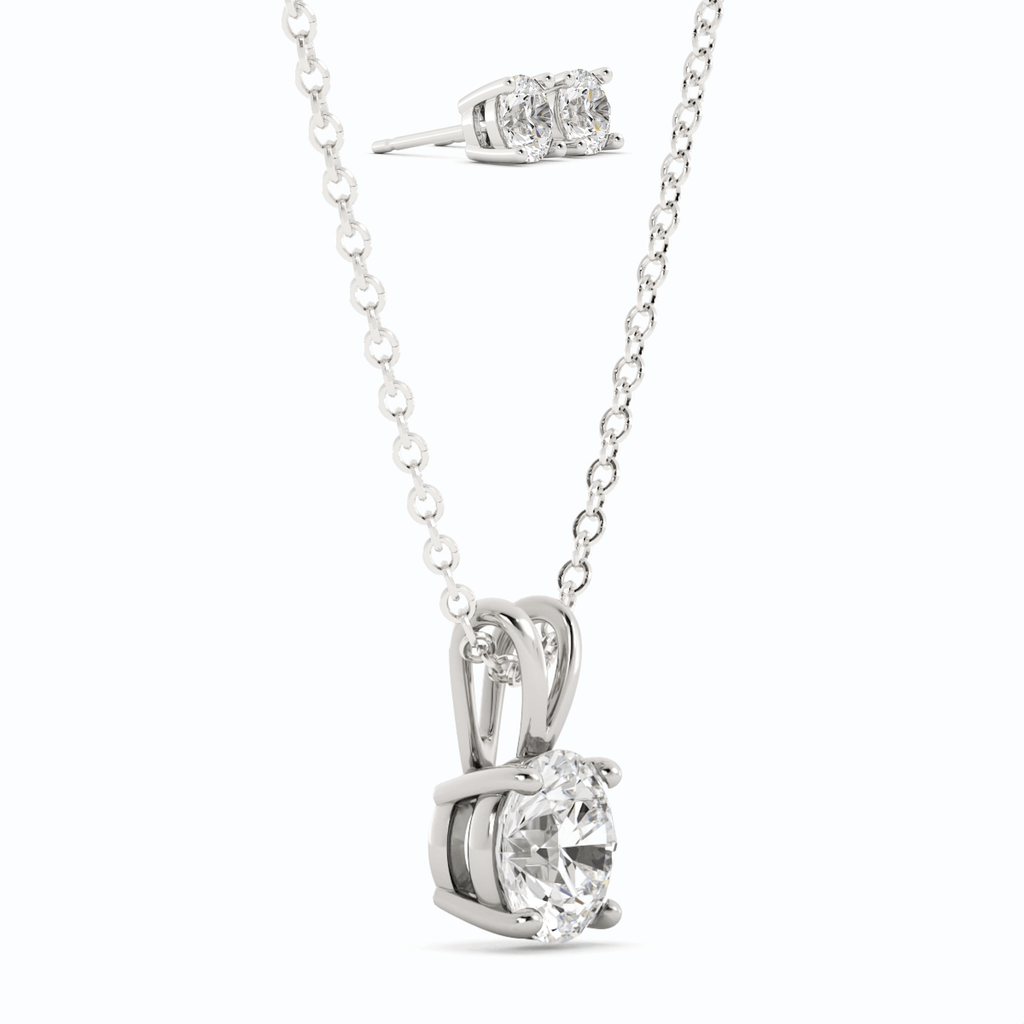 Moissanite Stud Earrings & Pendant Necklace Set in 14K White Gold Overlay