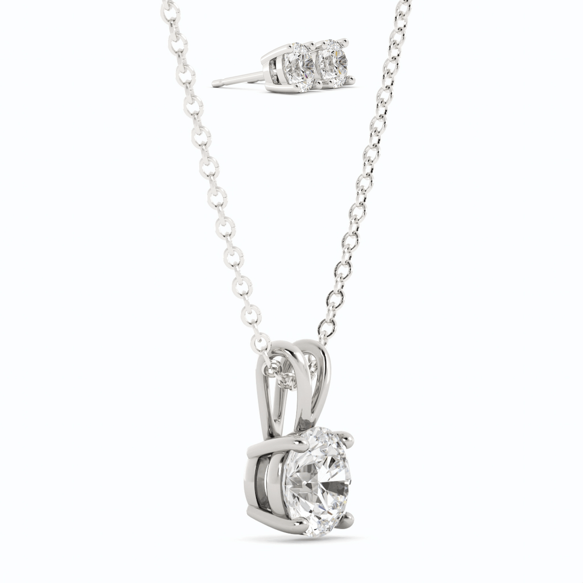 Moissanite Stud Earrings & Pendant Necklace Set in 14K White Gold Overlay