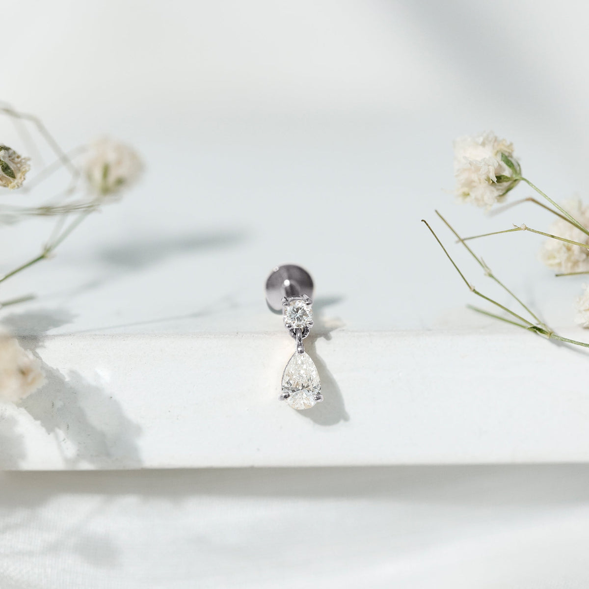 Pear and Round Cut Diamond Stud Drop Helix Earring