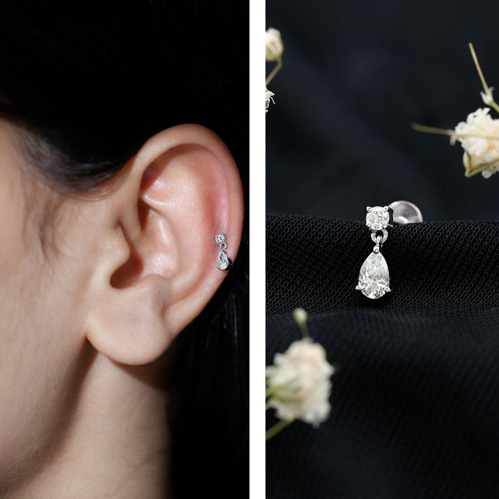 Pear and Round Cut Diamond Stud Drop Helix Earring