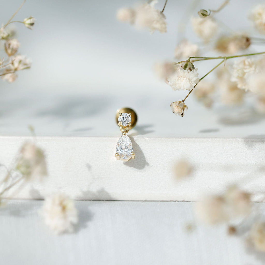 Pear and Round Cut Diamond Stud Drop Helix Earring