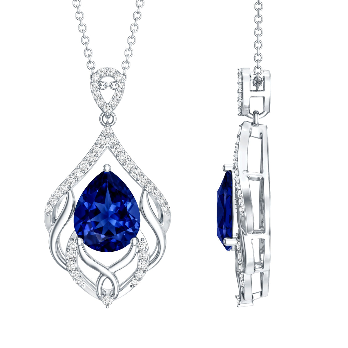 Certified Lab Grown Blue Sapphire Designer Necklace with Diamond Accent