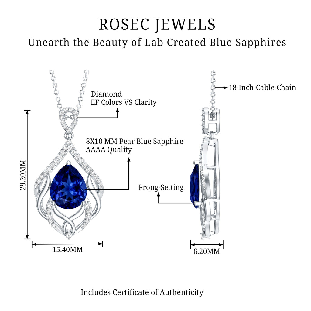 Certified Lab Grown Blue Sapphire Designer Necklace with Diamond Accent