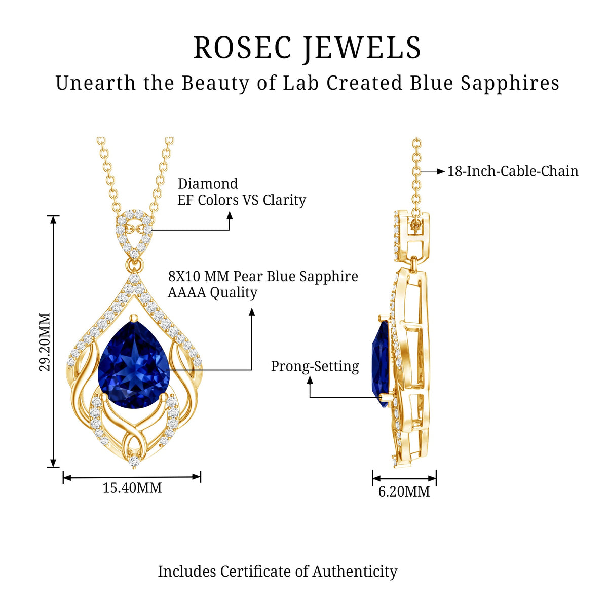 Certified Lab Grown Blue Sapphire Designer Necklace with Diamond Accent