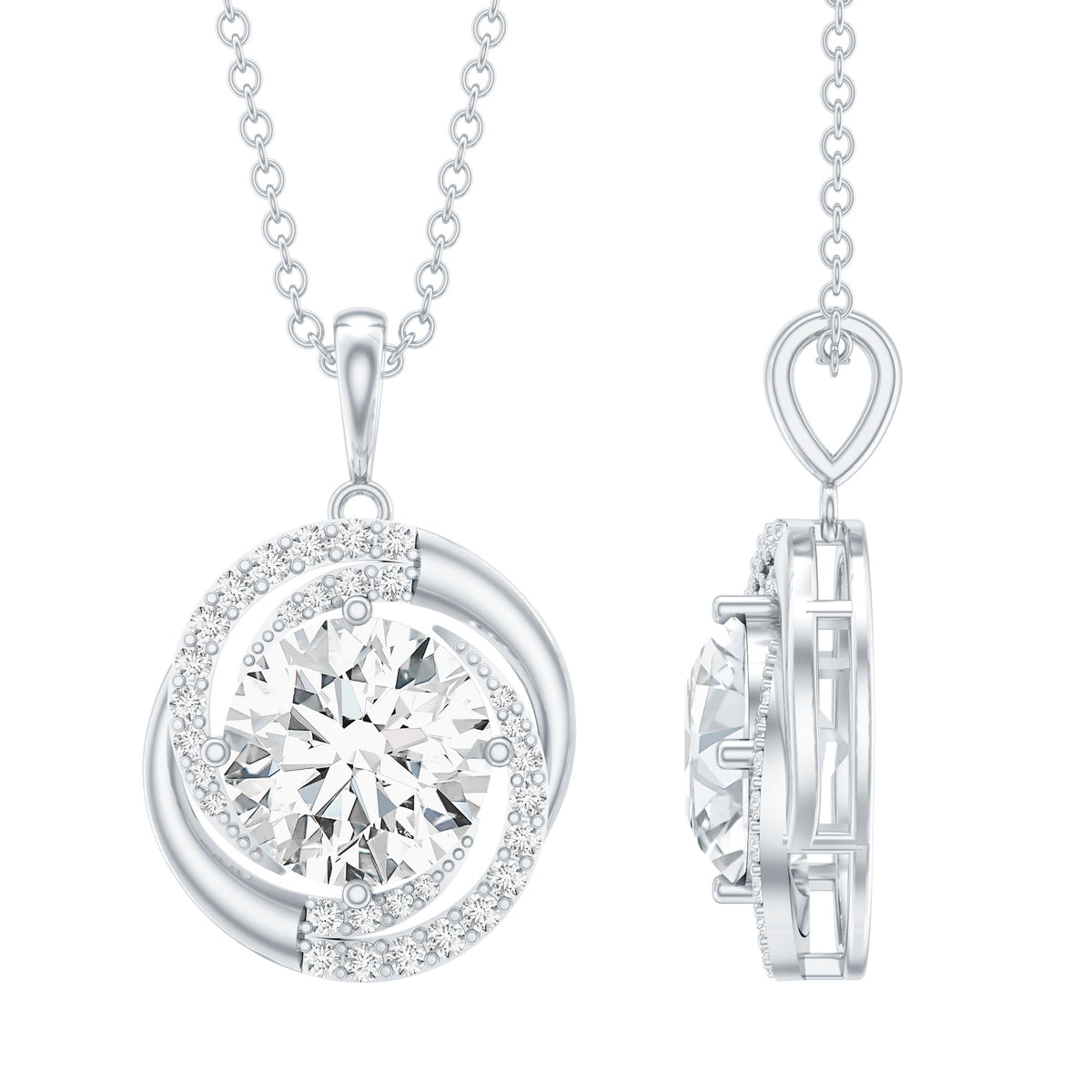 Prong Set 2 Carat Round Lab Grown Diamond Swirl Pendant Necklace