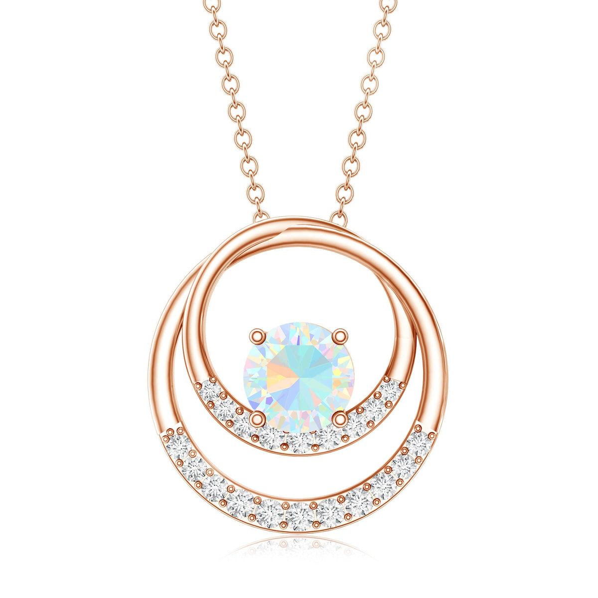 Natural Ethiopian Opal Double Circle Pendant Necklace with Diamond