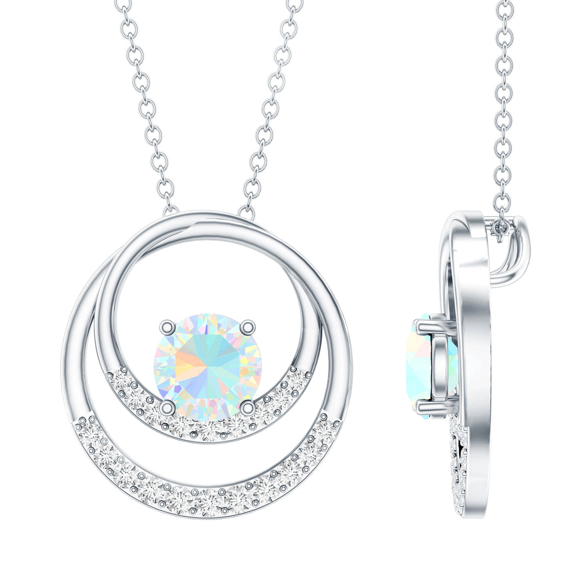 Natural Ethiopian Opal Double Circle Pendant Necklace with Diamond