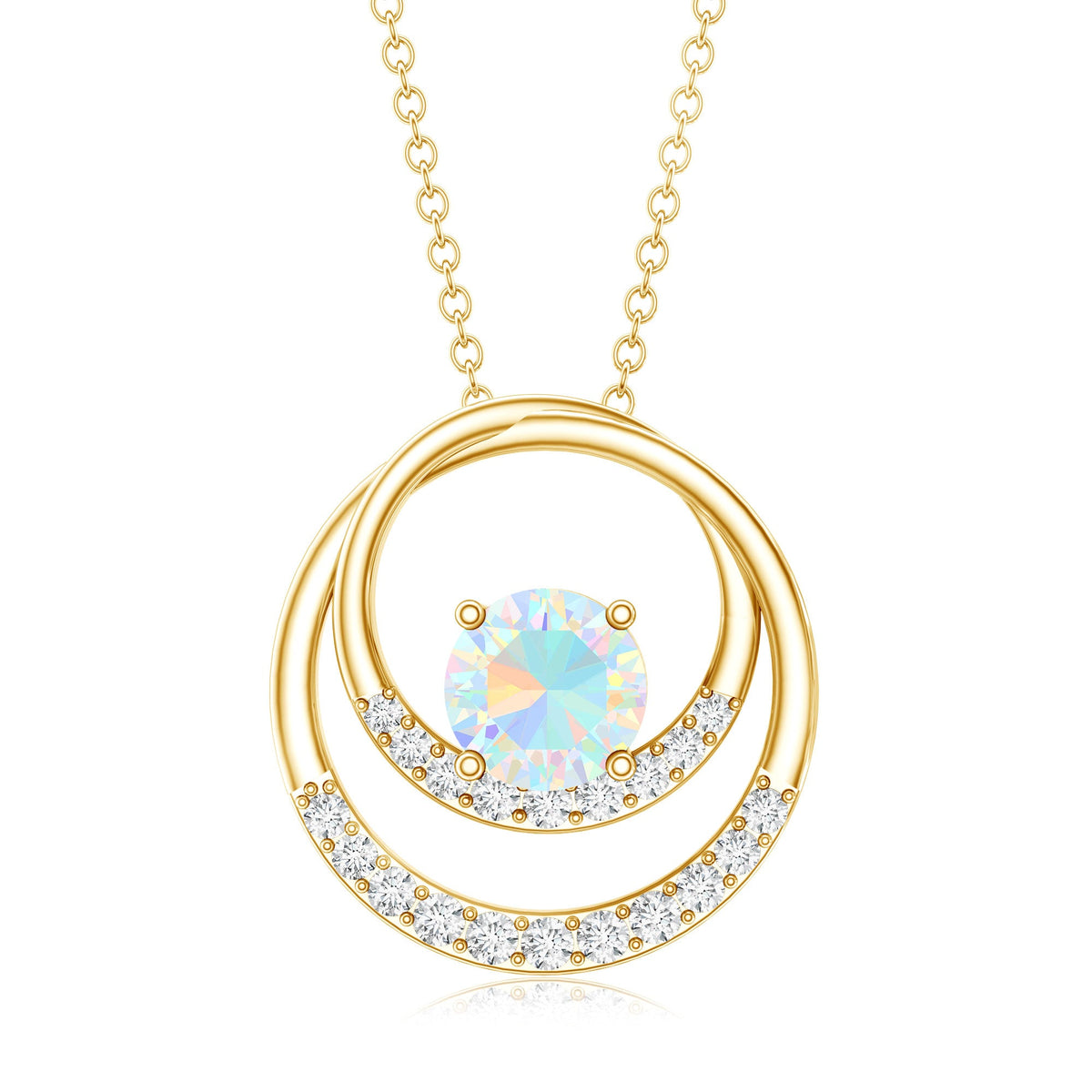 Natural Ethiopian Opal Double Circle Pendant Necklace with Diamond