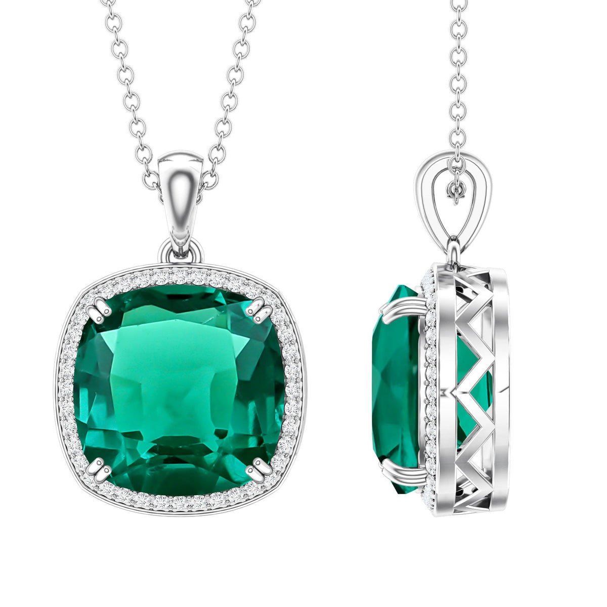 9 Carat Cushion Cut Lab Created Emerald and Diamond Cocktail Necklace