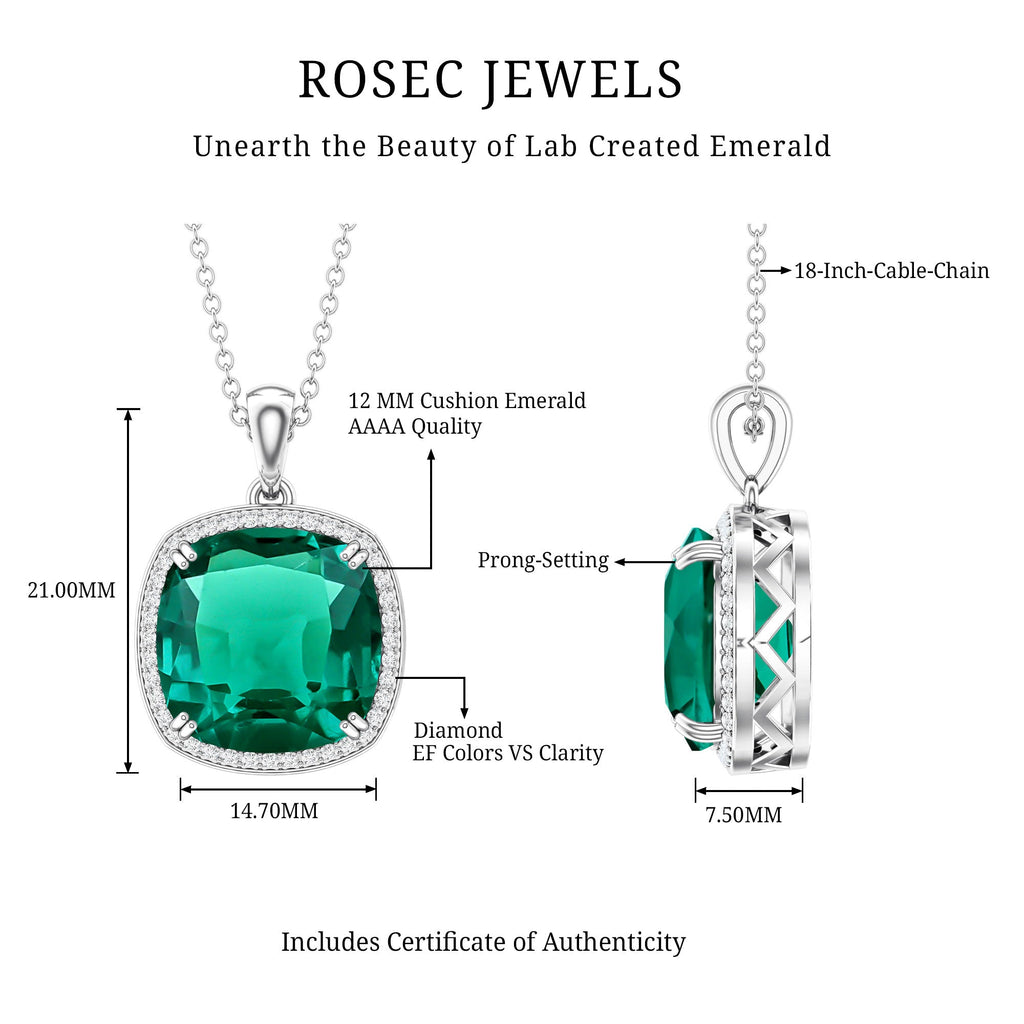 9 Carat Cushion Cut Lab Created Emerald and Diamond Cocktail Necklace