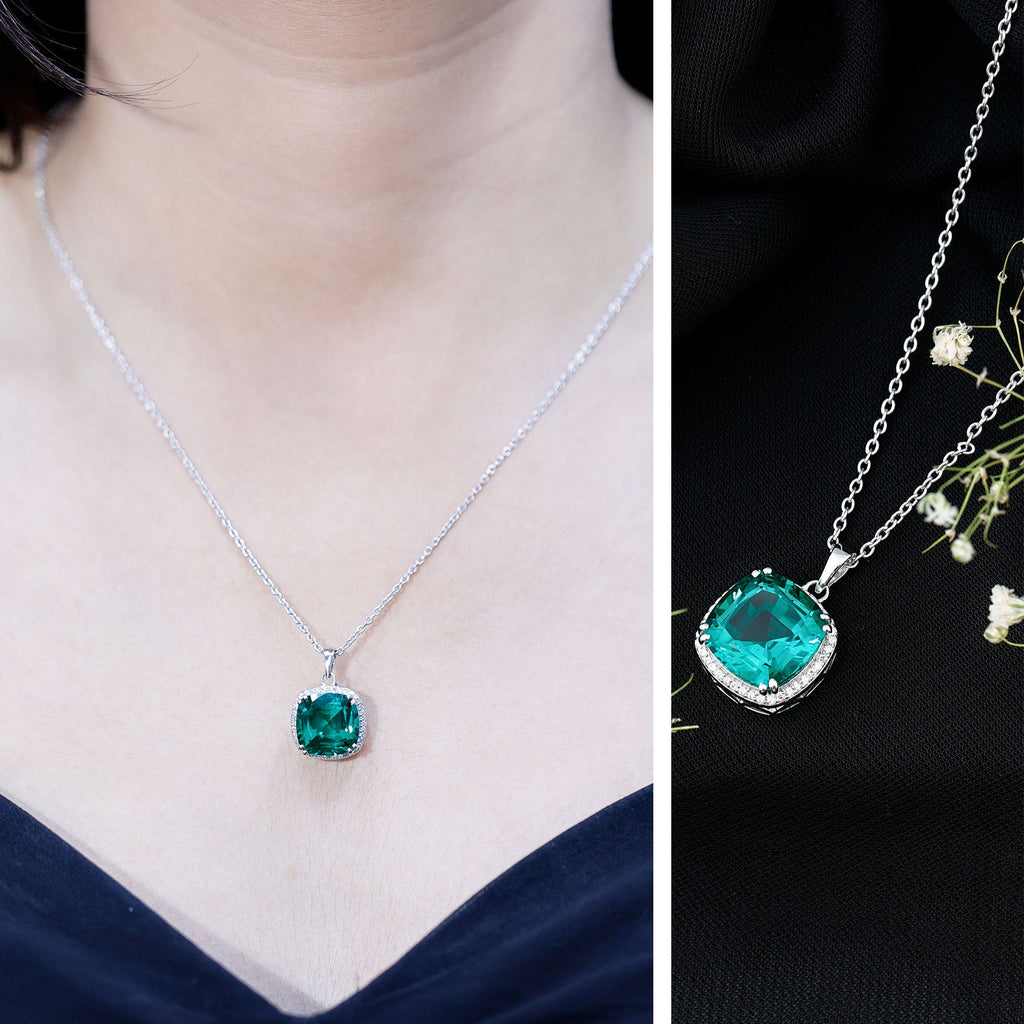 9 Carat Cushion Cut Lab Created Emerald and Diamond Cocktail Necklace
