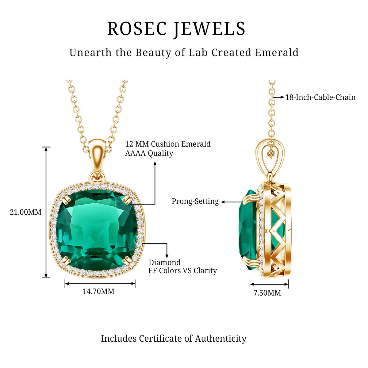 9 Carat Cushion Cut Lab Created Emerald and Diamond Cocktail Necklace