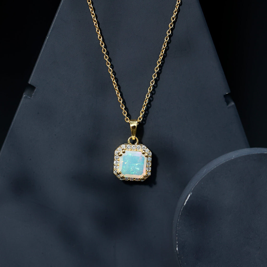 1.25 Carat Asscher Cut Ethiopian Opal Necklace with Diamond Halo