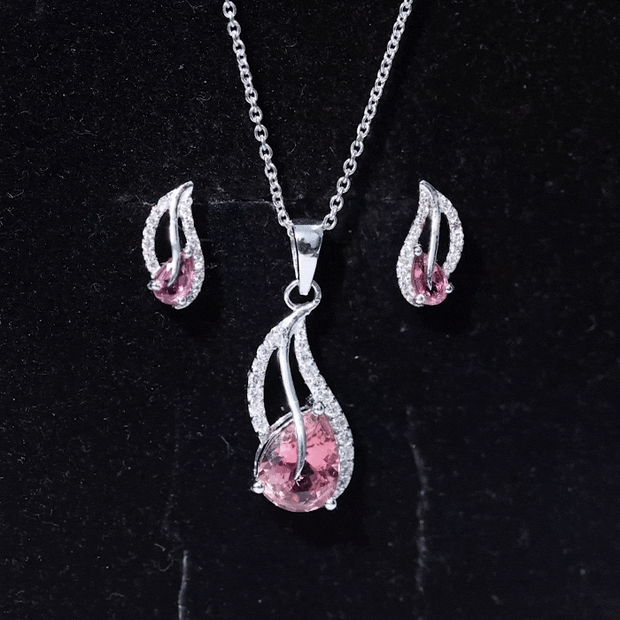 Pear-Shaped Pink Tourmaline & Diamond Leaf Jewelry Set