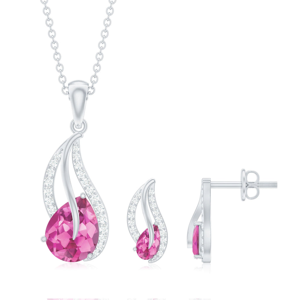Pear-Shaped Pink Tourmaline & Diamond Leaf Jewelry Set