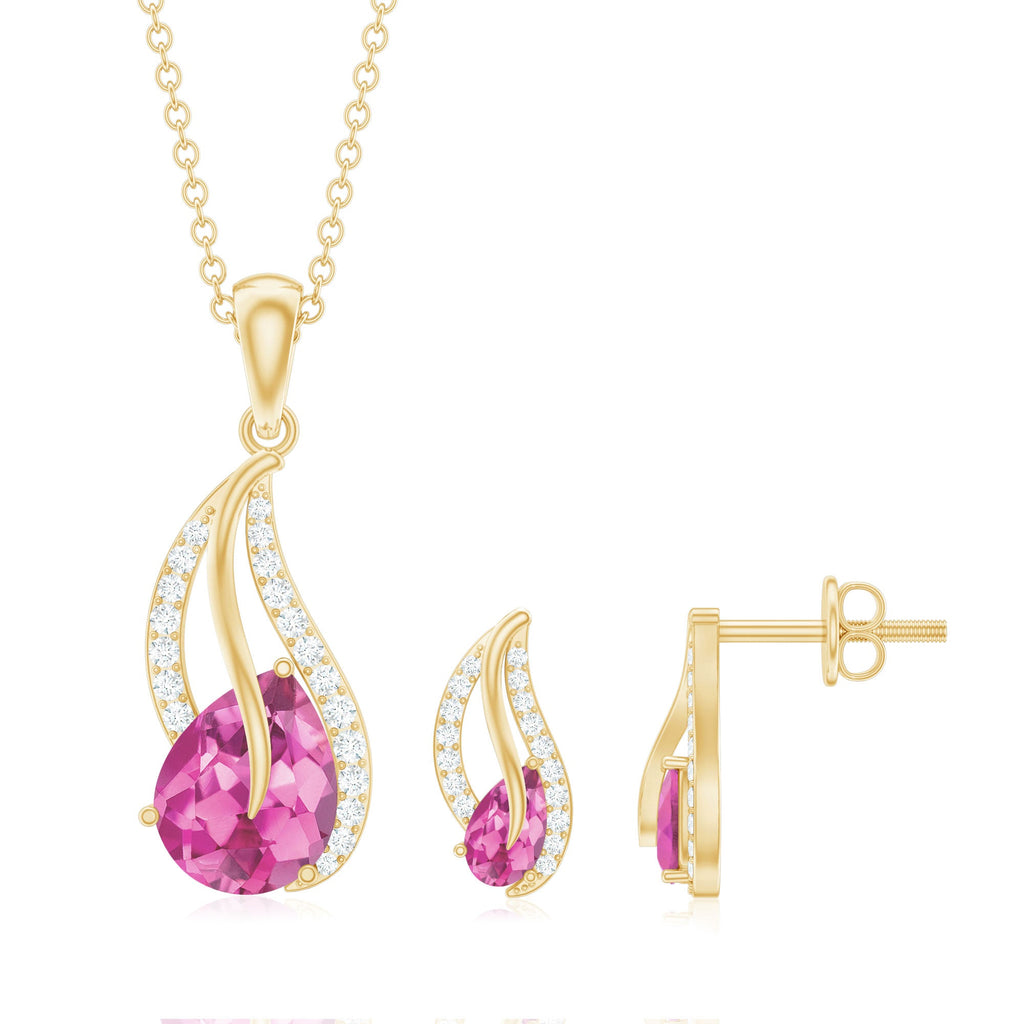 Pear-Shaped Pink Tourmaline & Diamond Leaf Jewelry Set