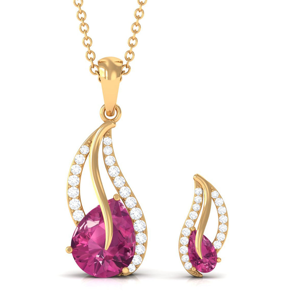 Pear-Shaped Pink Tourmaline & Diamond Leaf Jewelry Set