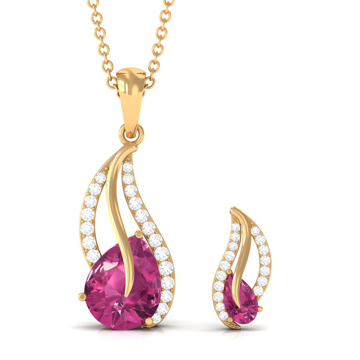 Pear-Shaped Pink Tourmaline & Diamond Leaf Jewelry Set