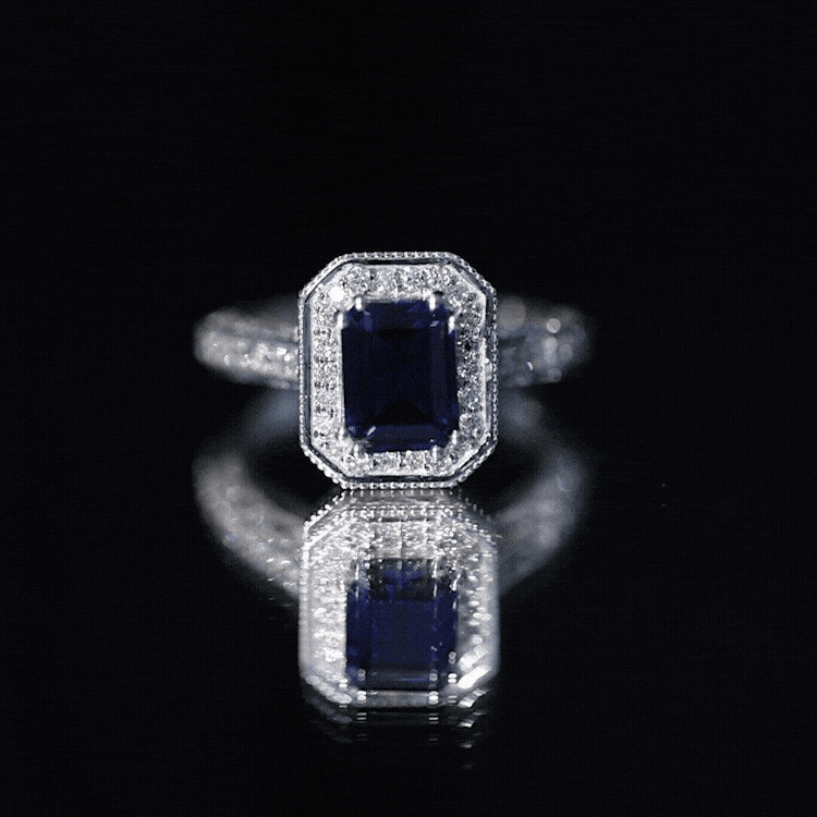 Certified 1.7 Carat Lab Grown Blue Sapphire Emerald Cut Engagement Ring with Diamond Halo