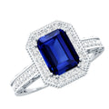 Certified 1.7 Carat Lab Grown Blue Sapphire Emerald Cut Engagement Ring with Diamond Halo
