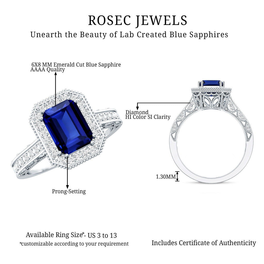 Certified 1.7 Carat Lab Grown Blue Sapphire Emerald Cut Engagement Ring with Diamond Halo