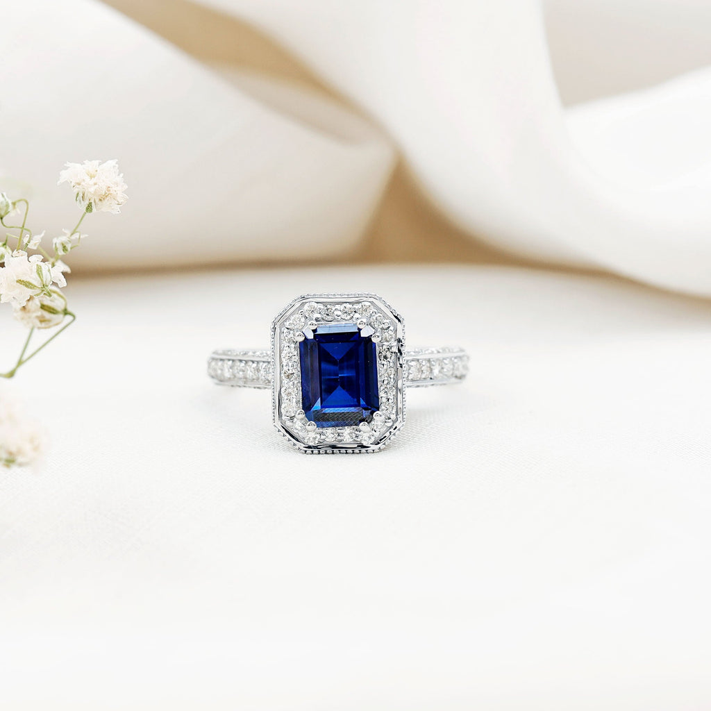Certified 1.7 Carat Lab Grown Blue Sapphire Emerald Cut Engagement Ring with Diamond Halo