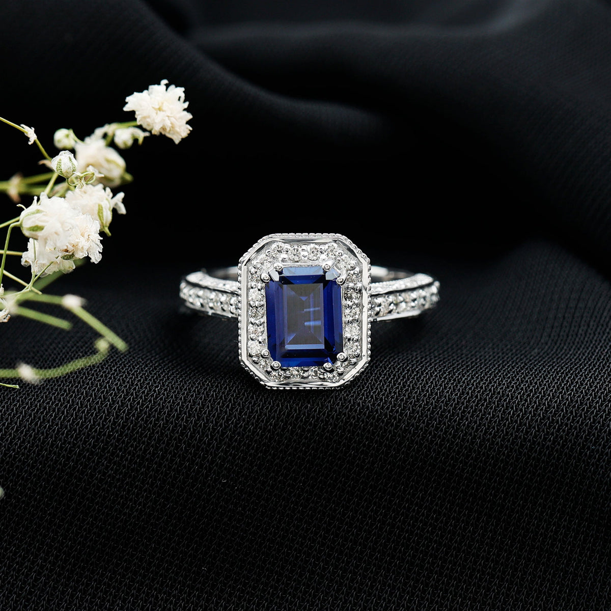 Certified 1.7 Carat Lab Grown Blue Sapphire Emerald Cut Engagement Ring with Diamond Halo