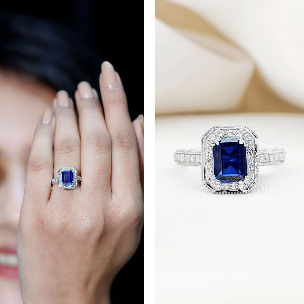 Certified 1.7 Carat Lab Grown Blue Sapphire Emerald Cut Engagement Ring with Diamond Halo