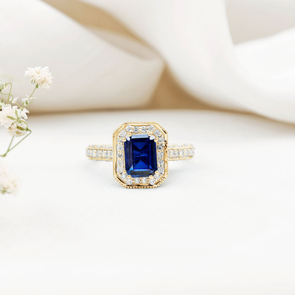 Certified 1.7 Carat Lab Grown Blue Sapphire Emerald Cut Engagement Ring with Diamond Halo