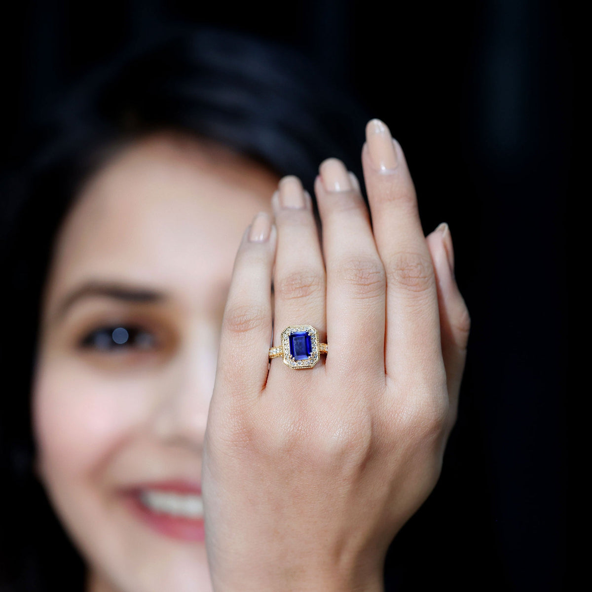 Certified 1.7 Carat Lab Grown Blue Sapphire Emerald Cut Engagement Ring with Diamond Halo