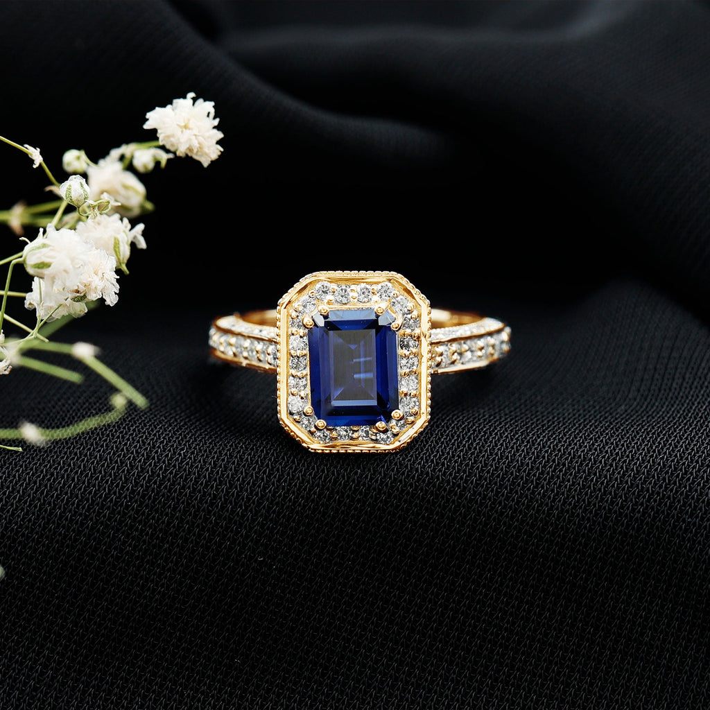Certified 1.7 Carat Lab Grown Blue Sapphire Emerald Cut Engagement Ring with Diamond Halo