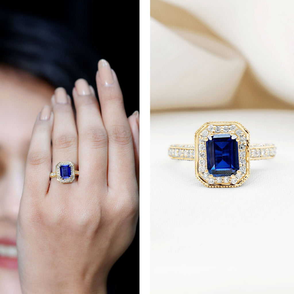 Certified 1.7 Carat Lab Grown Blue Sapphire Emerald Cut Engagement Ring with Diamond Halo