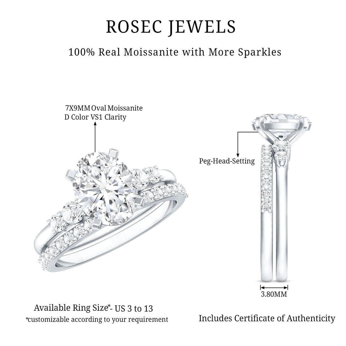 Oval Moissanite Bridal Ring Set with Half-Eternity Band