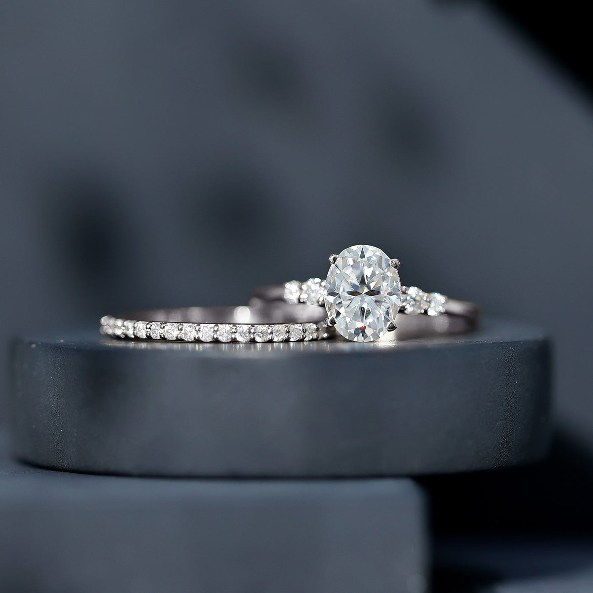 Oval Moissanite Bridal Ring Set with Half-Eternity Band