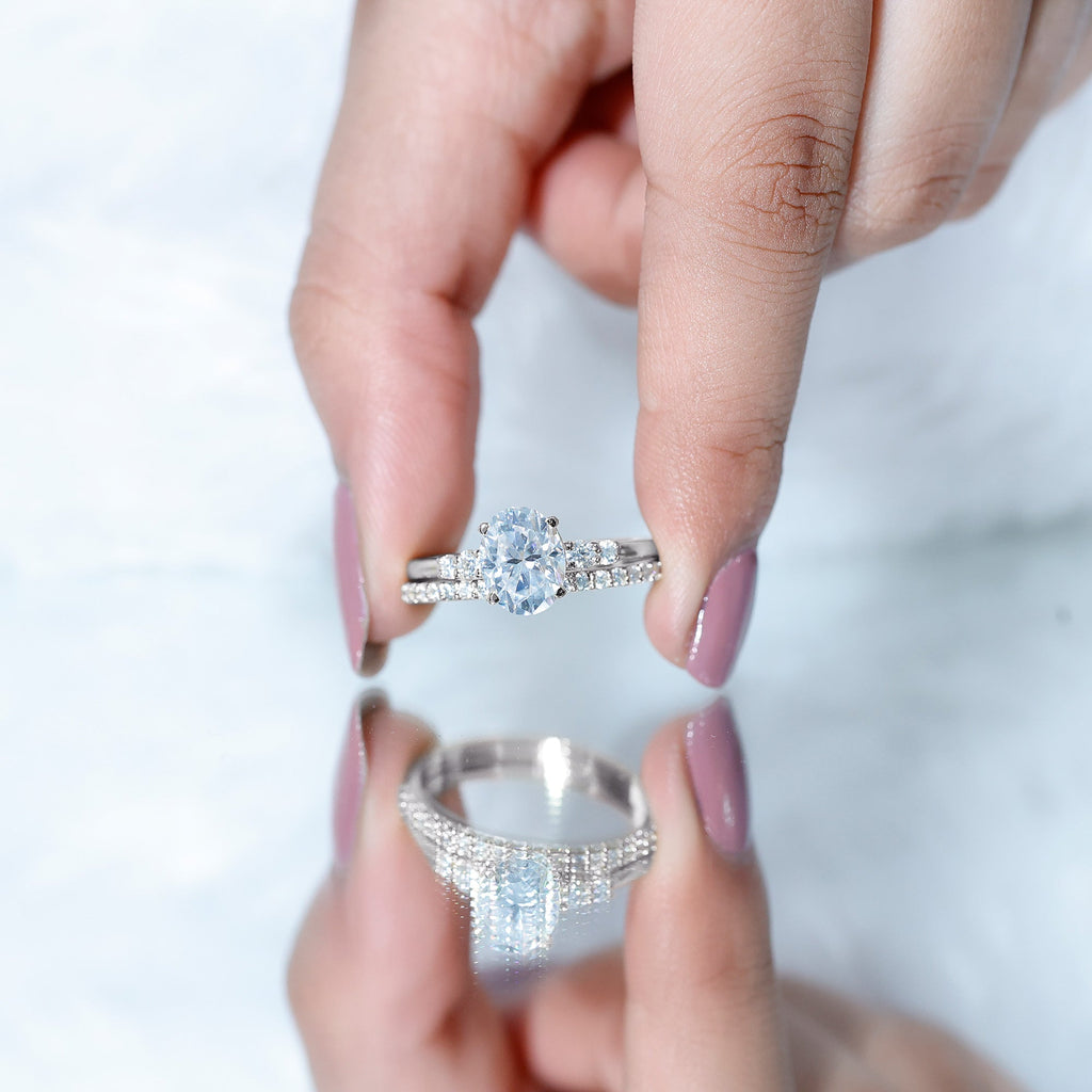 Oval Moissanite Bridal Ring Set with Half-Eternity Band