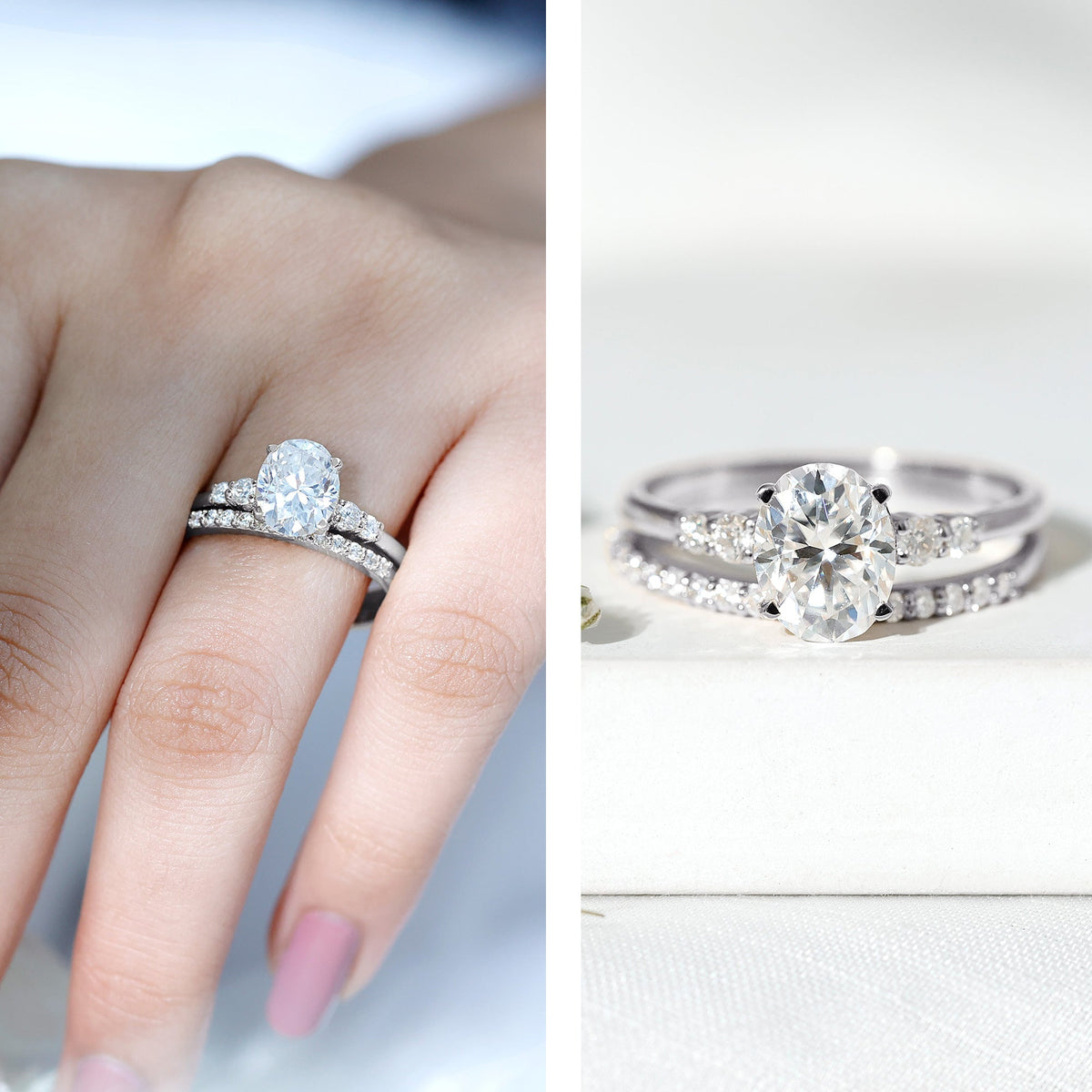 Oval Moissanite Bridal Ring Set with Half-Eternity Band