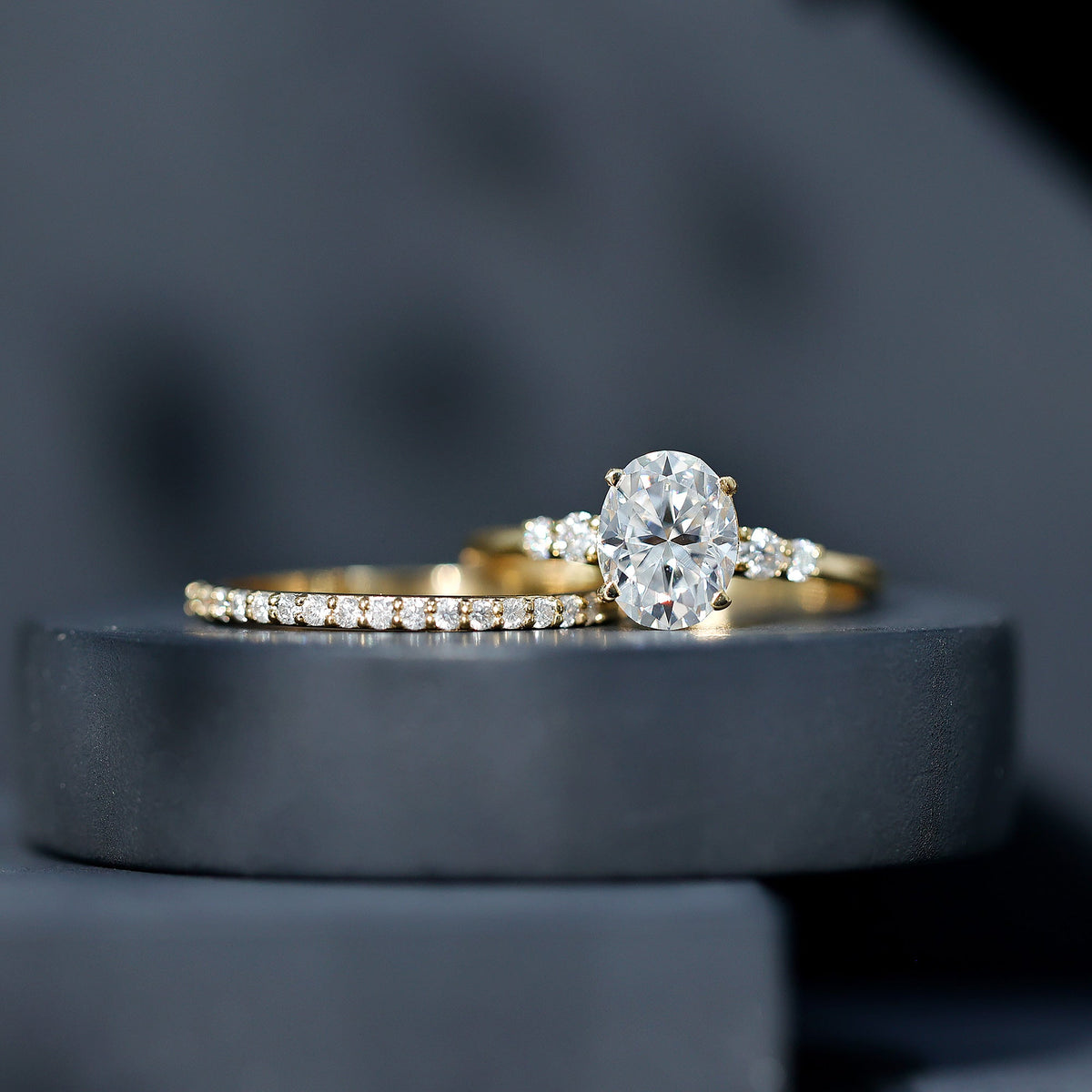 Oval Moissanite Bridal Ring Set with Half-Eternity Band