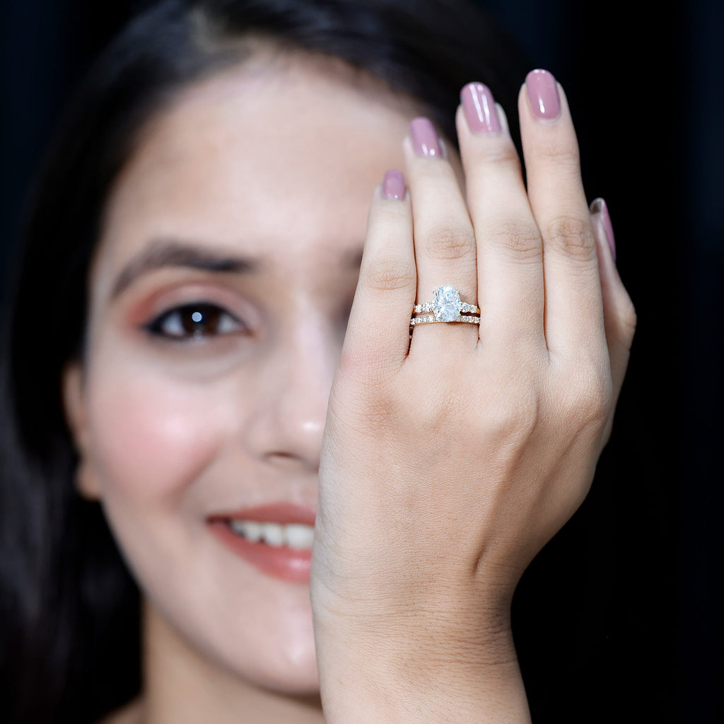 Oval Moissanite Bridal Ring Set with Half-Eternity Band