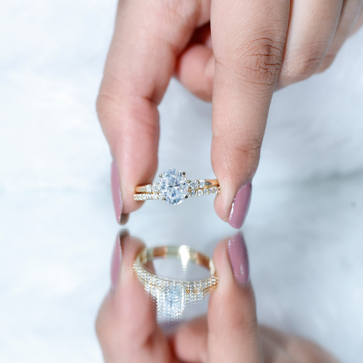 Oval Moissanite Bridal Ring Set with Half-Eternity Band