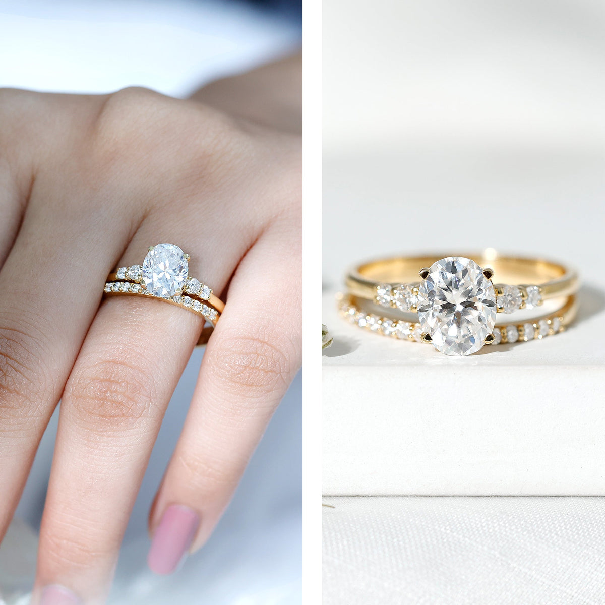 Oval Moissanite Bridal Ring Set with Half-Eternity Band