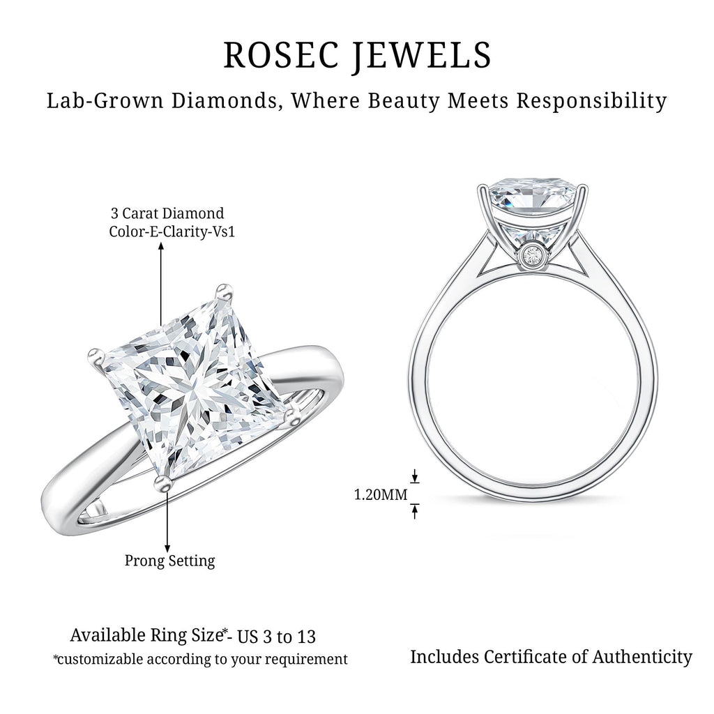 IGI Certified 3 Carat Princess Cut Lab Grown Diamond Solitaire Engagement Ring