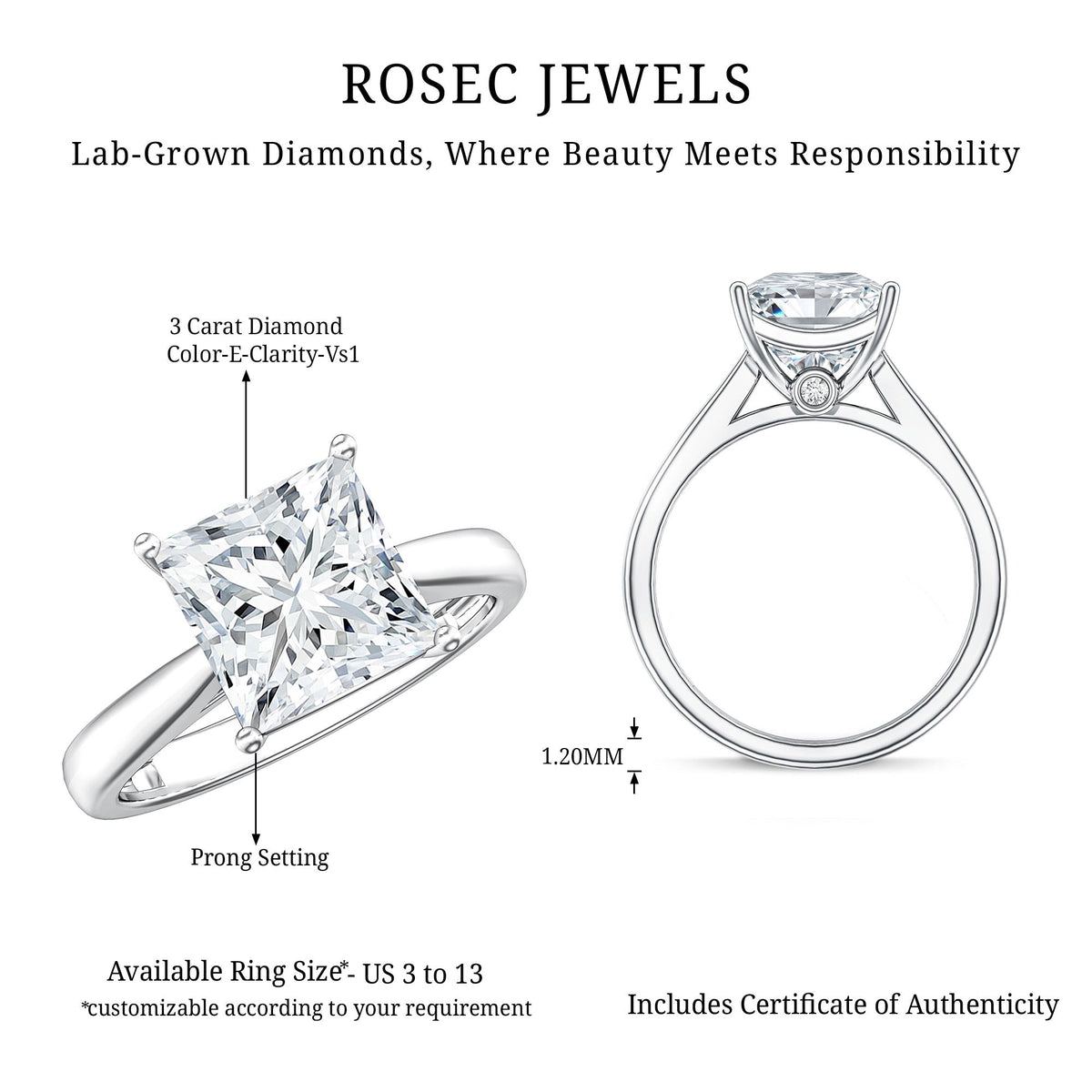 IGI Certified 3 Carat Princess Cut Lab Grown Diamond Solitaire Engagement Ring