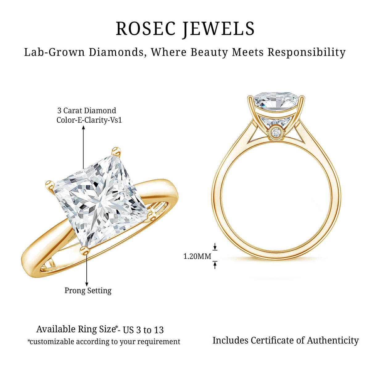 IGI Certified 3 Carat Princess Cut Lab Grown Diamond Solitaire Engagement Ring