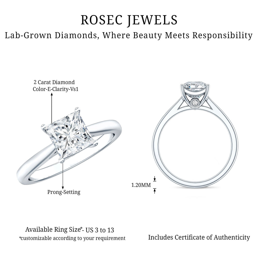 Solitaire 2 Carat Princess Cut Lab Grown Diamond Engagement Ring with IGI Certificate