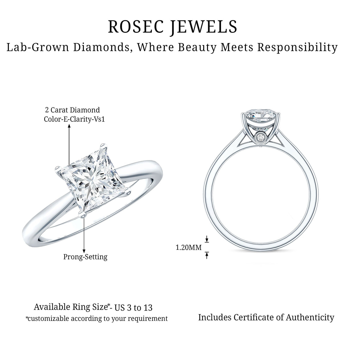 Solitaire 2 Carat Princess Cut Lab Grown Diamond Engagement Ring with IGI Certificate