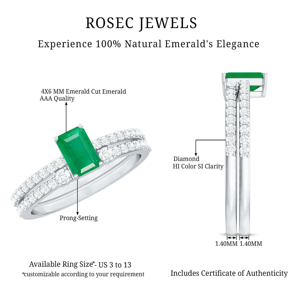 Emerald-Cut Emerald & Diamond Bridal Set with Cuff-Style Band